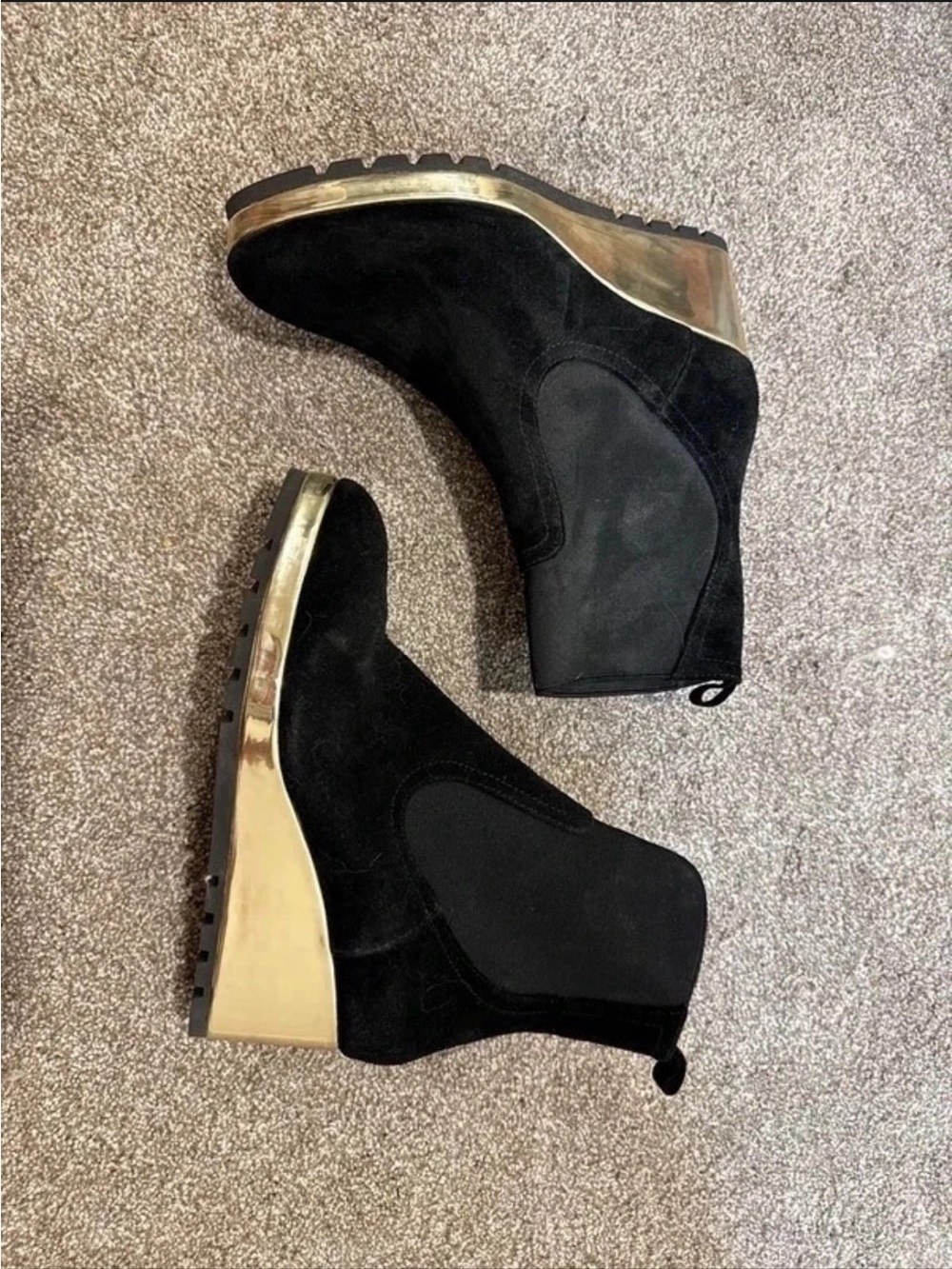 CECELIA NEW YORK Black Suede Wedge Ankle Boots with Gold Wedge Trim